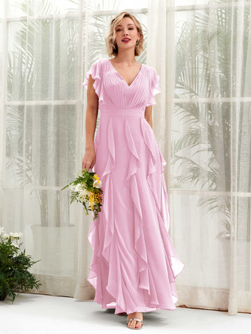 A-line Open back V-neck Short Sleeves Chiffon Bridesmaid Dress - Candy Pink (81226039)#color_candy-pink