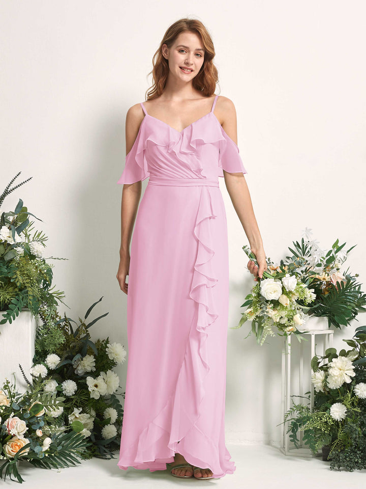 Bridesmaid Dress A-line Chiffon Spaghetti-straps Full Length Sleeveless Wedding Party Dress - Candy Pink (81227439)