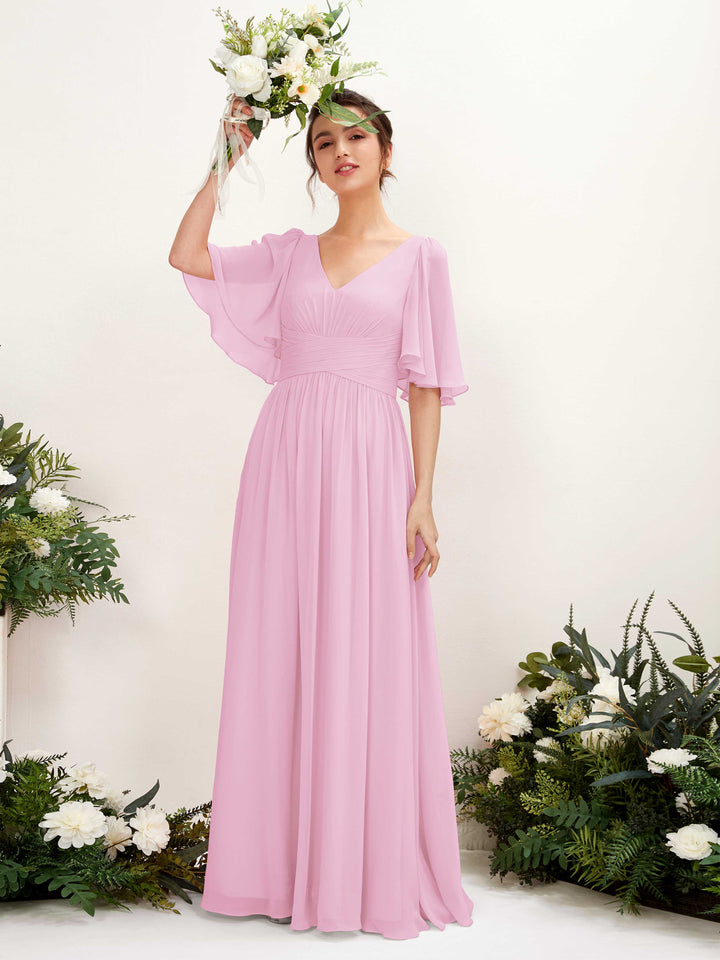 Candy Pink Bridesmaid Dresses Bridesmaid Dress A-line Chiffon V-neck Full Length 1/2 Sleeves Wedding Party Dress (81221639)