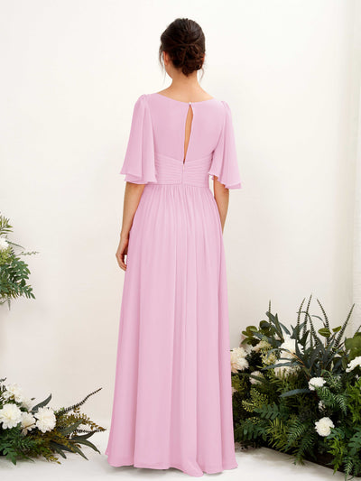 Carlyna Odette A-Line Candy Pink Bridesmaid Dress Maxi Short Sleeve V-Neck Dress Back View #color_candy-pink