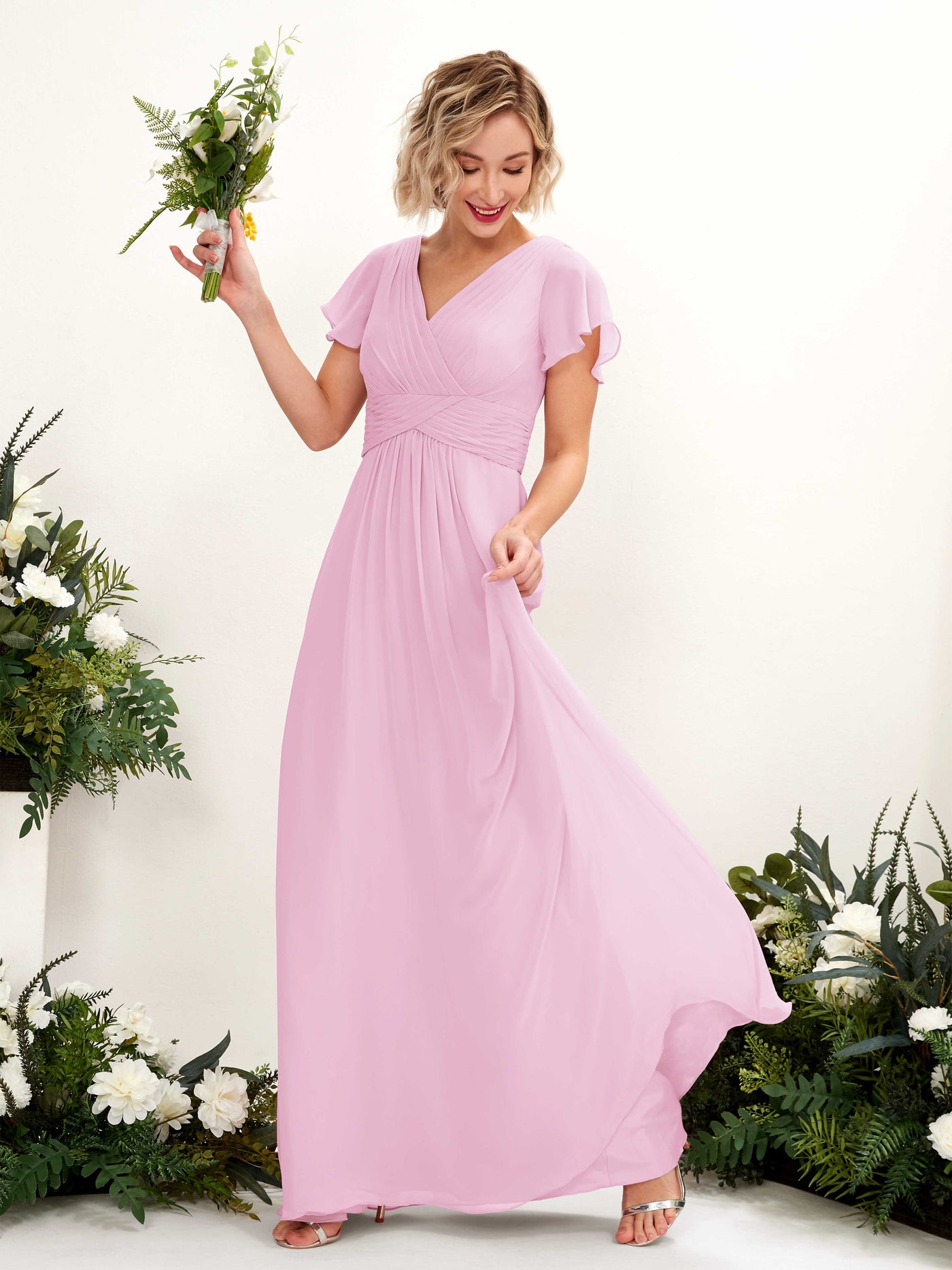 Candy Pink Bridesmaid Dresses Bridesmaid Dress A-line Chiffon V-neck Full Length Short Sleeves Wedding Party Dress (81224339)#color_candy-pink
