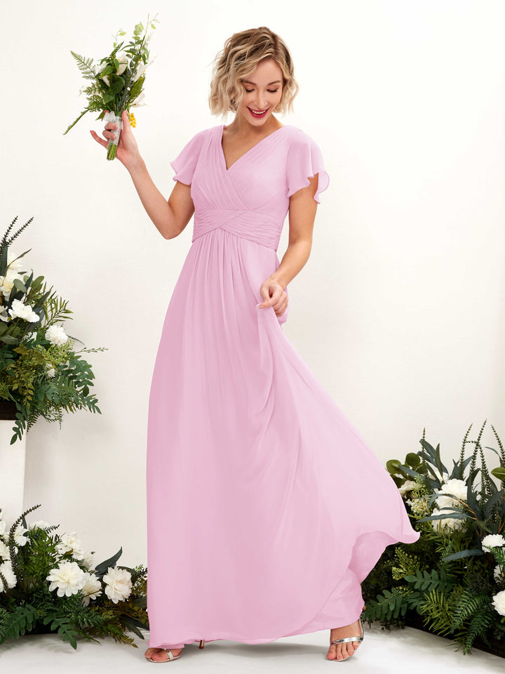 Candy Pink Bridesmaid Dresses Bridesmaid Dress A-line Chiffon V-neck Full Length Short Sleeves Wedding Party Dress (81224339)
