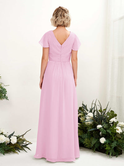 Carlyna Tolly A-Line Candy Pink Bridesmaid Dress Maxi Cap Sleeve V-Neck Dress Back View #color_candy-pink