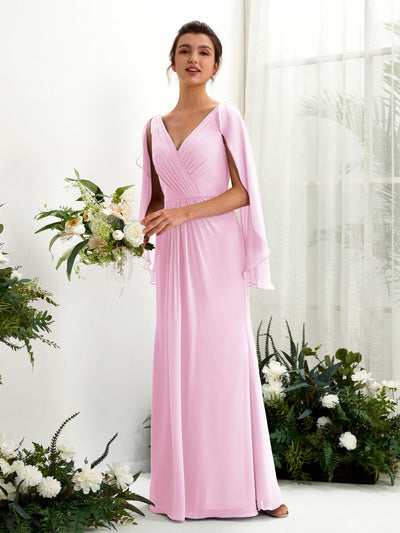 Candy Pink Bridesmaid Dresses Bridesmaid Dress A-line Chiffon Straps Full Length Long Sleeves Wedding Party Dress (80220139)#color_candy-pink
