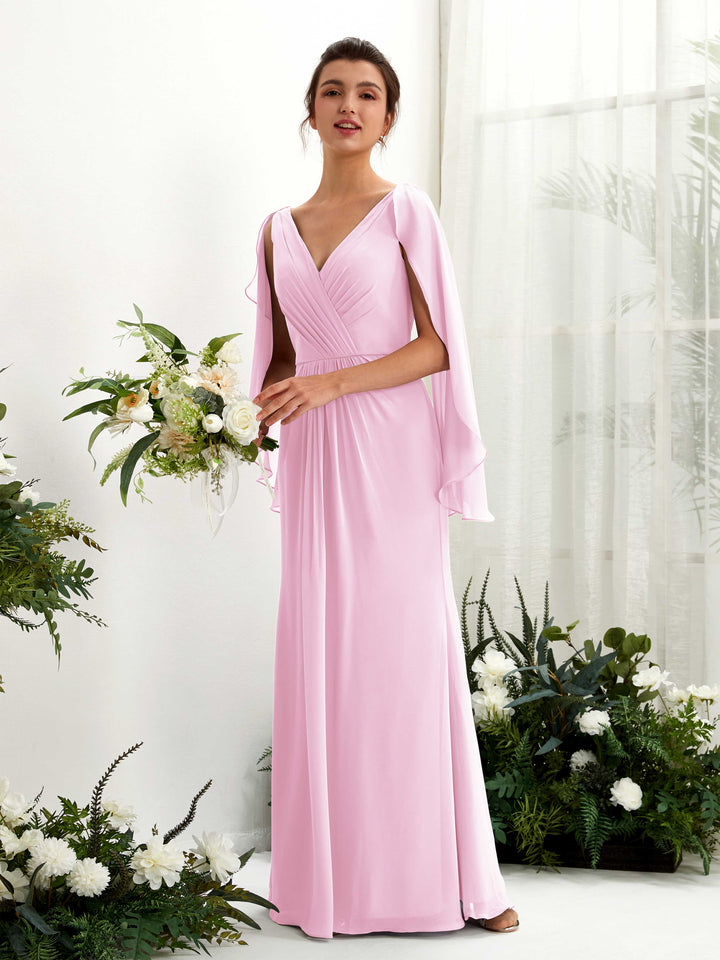 Candy Pink Bridesmaid Dresses Bridesmaid Dress A-line Chiffon Straps Full Length Long Sleeves Wedding Party Dress (80220139)