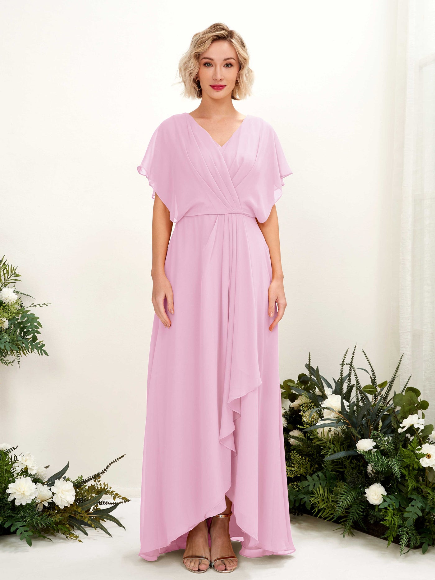 Candy Pink Bridesmaid Dresses Bridesmaid Dress A-line Chiffon V-neck Full Length Short Sleeves Wedding Party Dress (81222139)#color_candy-pink