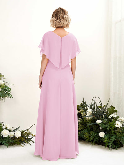 Carlyna Soleil A-Line Candy Pink Bridesmaid Dress Maxi Short Sleeve V-Neck Dress Back View #color_candy-pink