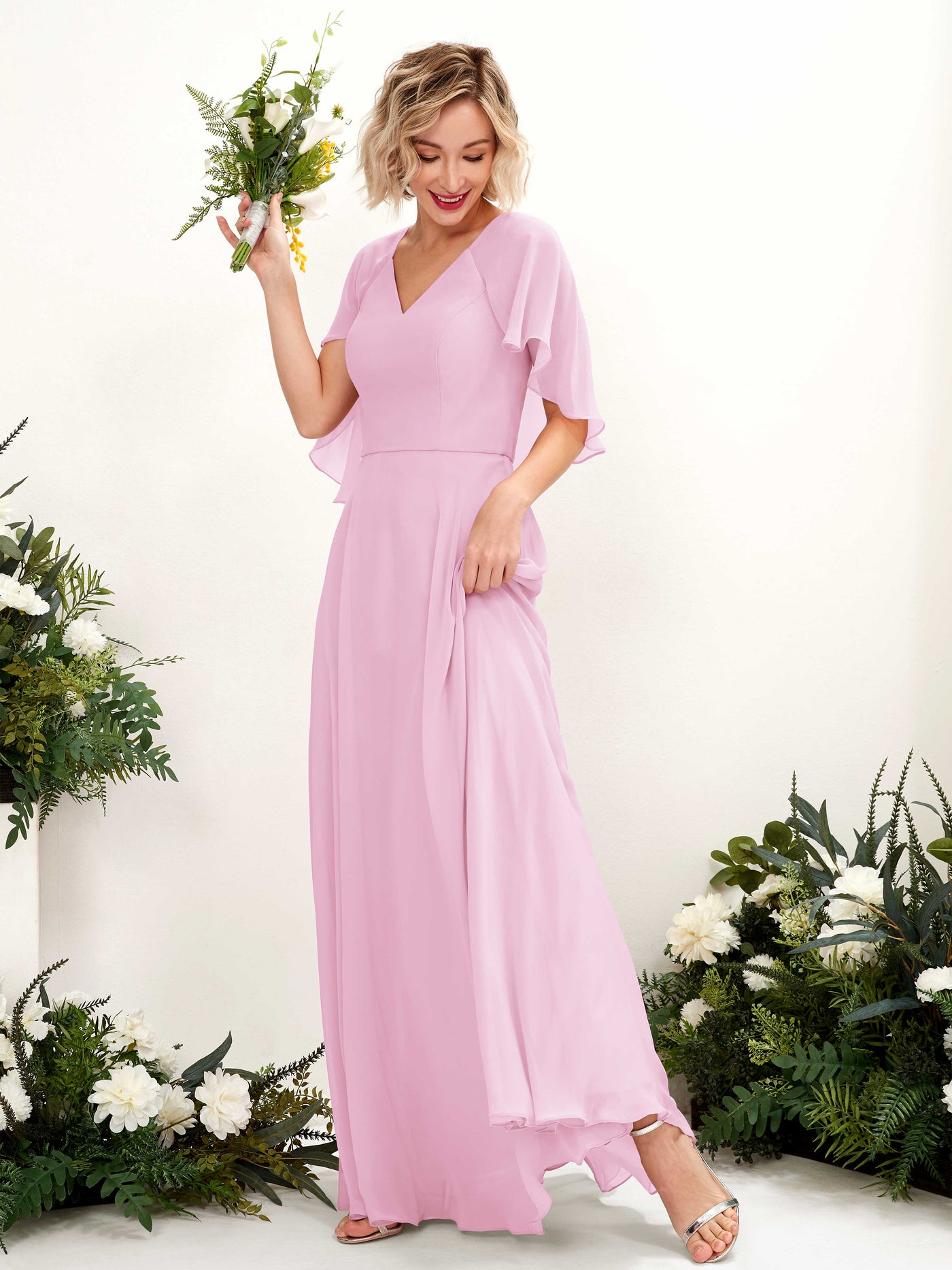 Candy Pink Bridesmaid Dresses Bridesmaid Dress A-line Chiffon V-neck Full Length Short Sleeves Wedding Party Dress (81224439)#color_candy-pink