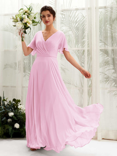 Candy Pink Bridesmaid Dresses Bridesmaid Dress A-line Chiffon V-neck Full Length Short Sleeves Wedding Party Dress (81224639)#color_candy-pink