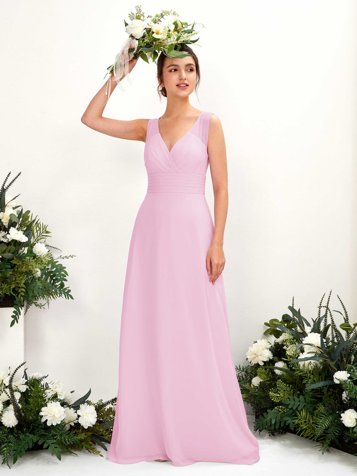 Candy Pink Bridesmaid Dresses Bridesmaid Dress A-line Chiffon Straps Full Length Sleeveless Wedding Party Dress (81220939)