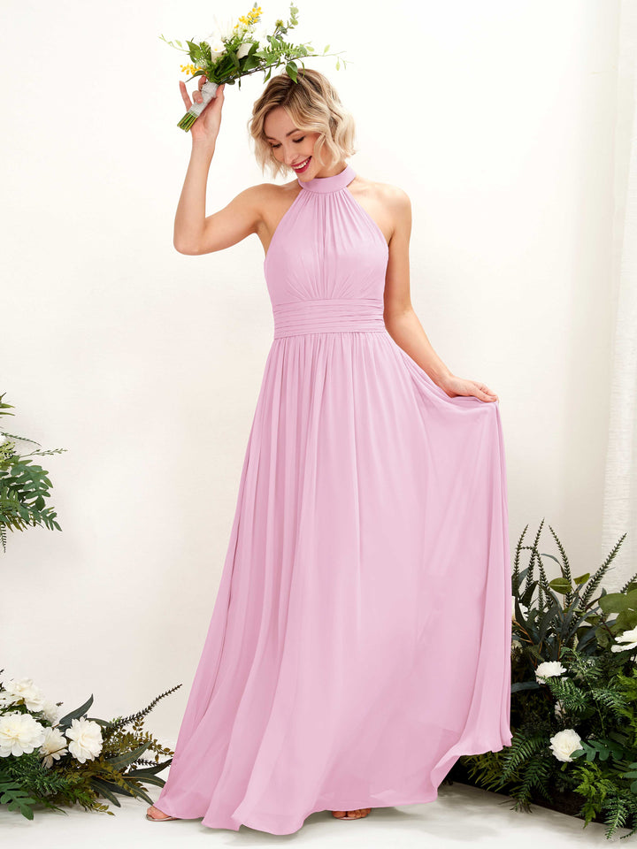 Candy Pink Bridesmaid Dresses Bridesmaid Dress A-line Chiffon Halter Full Length Sleeveless Wedding Party Dress (81225339)