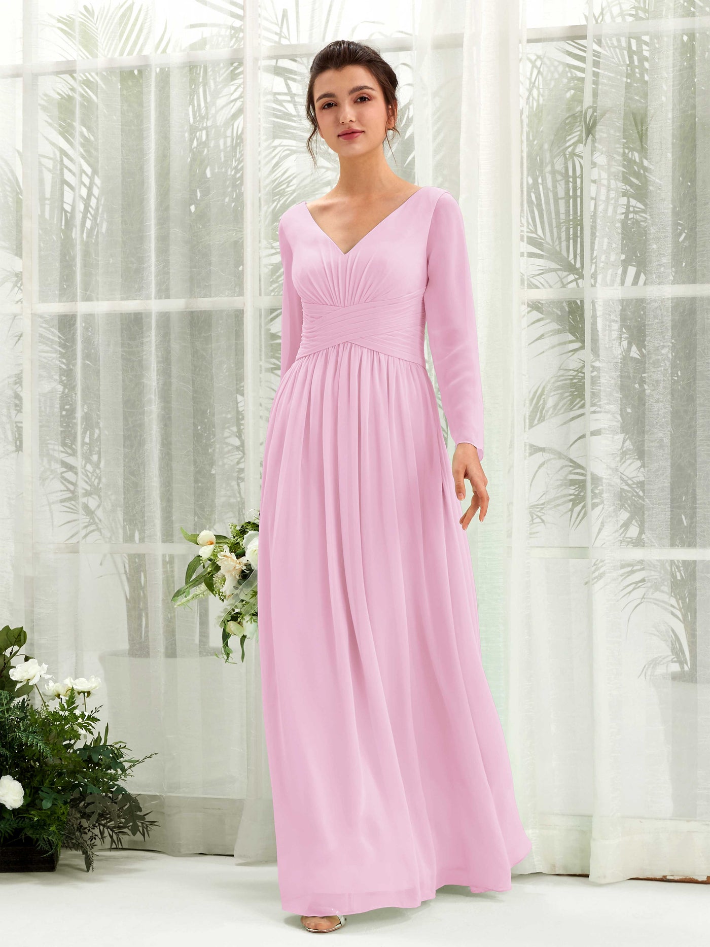 Candy Pink Bridesmaid Dresses Bridesmaid Dress A-line Chiffon V-neck Full Length Long Sleeves Wedding Party Dress (81220339)#color_candy-pink
