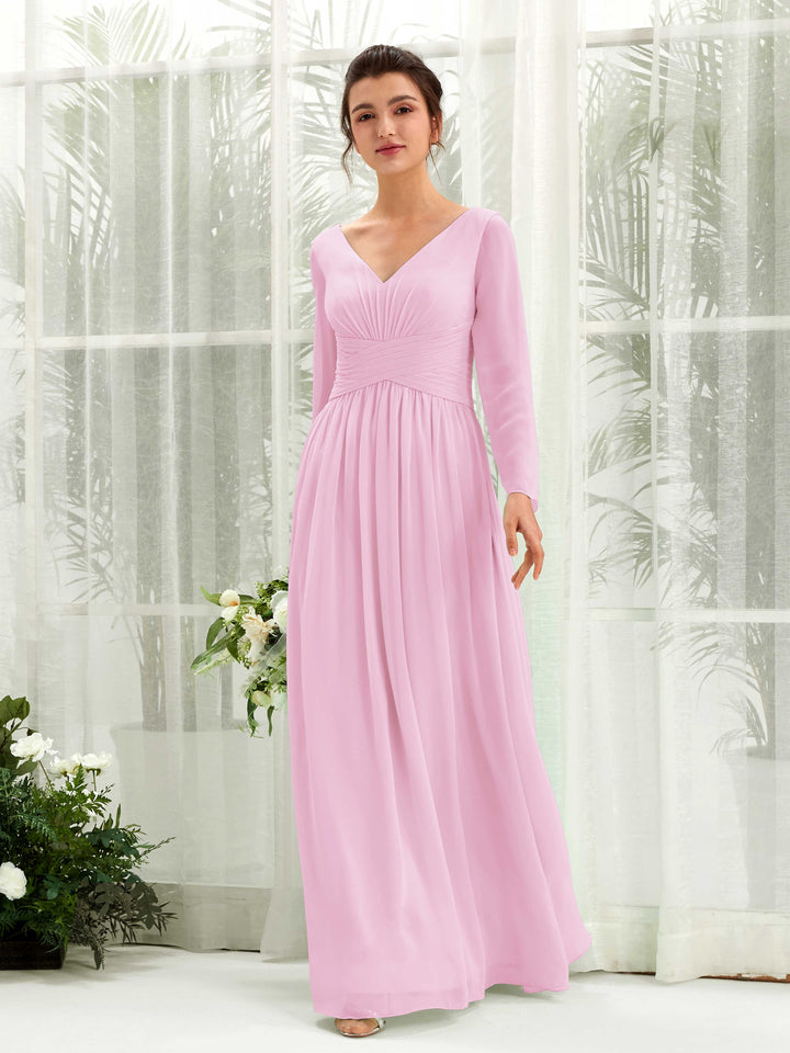 Candy Pink Bridesmaid Dresses Bridesmaid Dress A-line Chiffon V-neck Full Length Long Sleeves Wedding Party Dress (81220339)