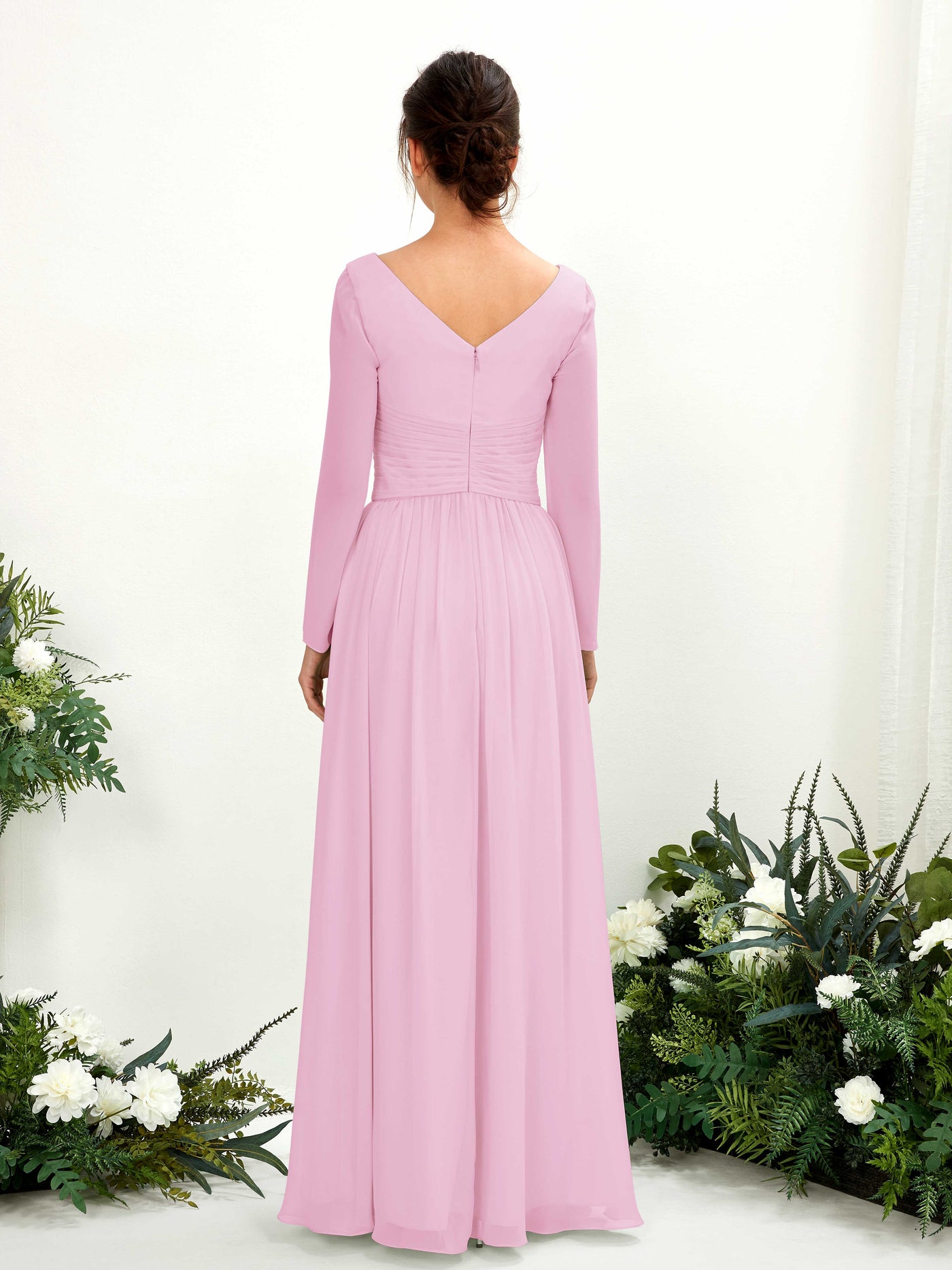 Candy Pink Bridesmaid Dresses Bridesmaid Dress A-line Chiffon V-neck Full Length Long Sleeves Wedding Party Dress (81220339)#color_candy-pink