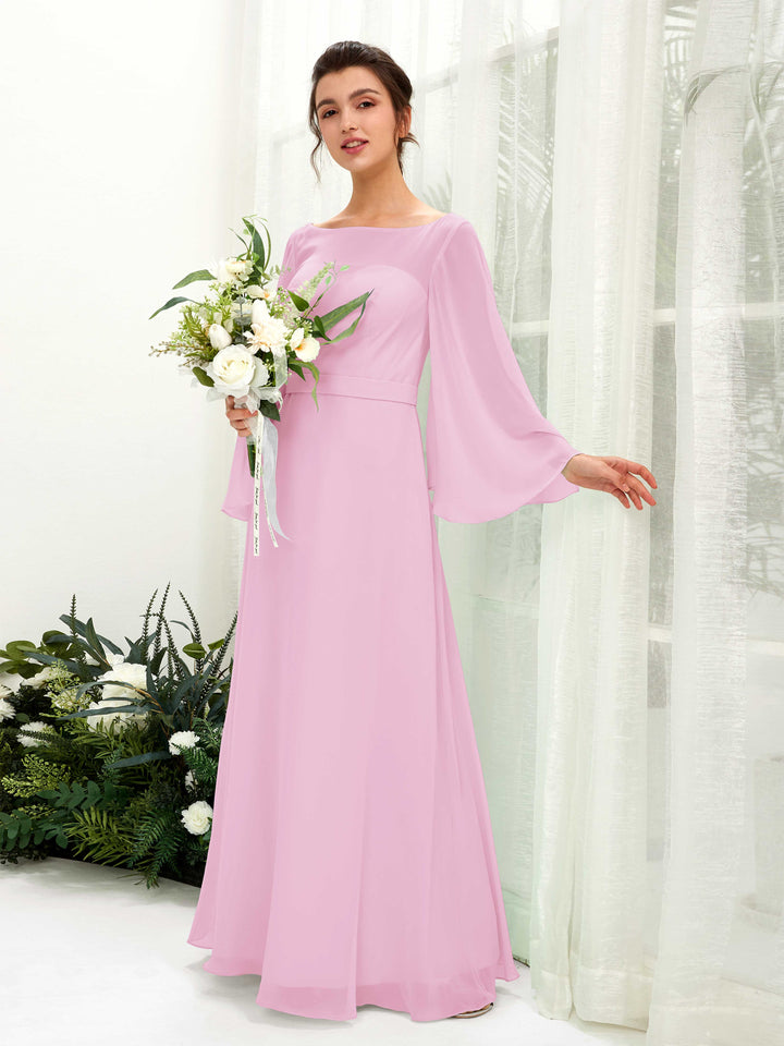 Candy Pink Bridesmaid Dresses Bridesmaid Dress A-line Chiffon Bateau Full Length Long Sleeves Wedding Party Dress (81220539)