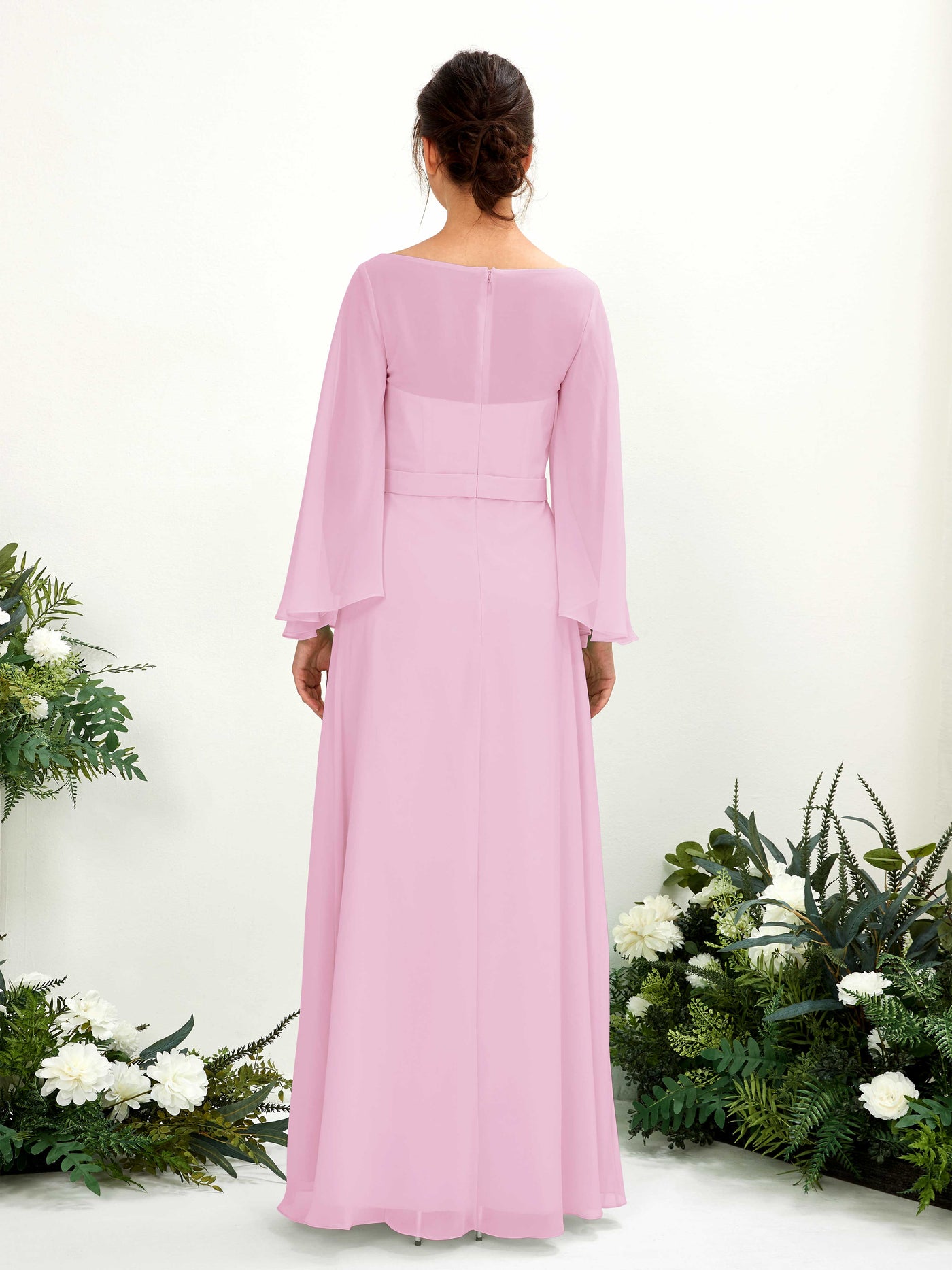 Candy Pink Bridesmaid Dresses Bridesmaid Dress A-line Chiffon Bateau Full Length Long Sleeves Wedding Party Dress (81220539)#color_candy-pink