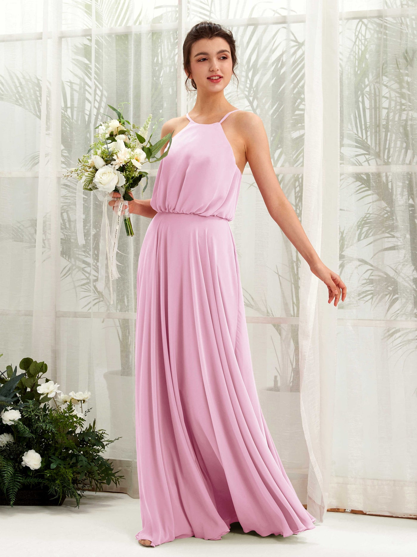 Candy Pink Bridesmaid Dresses Bridesmaid Dress Ball Gown Chiffon Halter Full Length Sleeveless Wedding Party Dress (81223439)#color_candy-pink