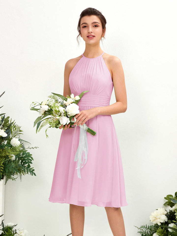 Candy Pink Bridesmaid Dresses Bridesmaid Dress A-line Chiffon Halter Knee Length Sleeveless Wedding Party Dress (81220139)