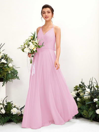 Carlyna Launo A-Line Candy Pink Bridesmaid Dress Maxi Sleeveless V-Neck Dress Front View #color_candy-pink