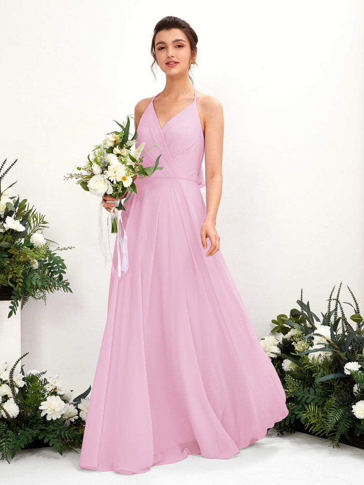 Halter V-neck Sleeveless Chiffon Bridesmaid Dress - Candy Pink (81221039)