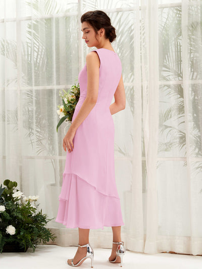 Carlyna Raina Mermaid Candy Pink Bridesmaid Dress Midi Sleeveless Round Neck Dress Back View #color_candy-pink