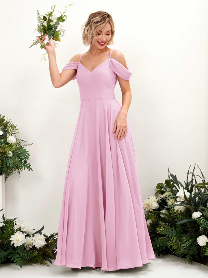 Candy Pink Bridesmaid Dresses Bridesmaid Dress A-line Chiffon Off Shoulder Full Length Sleeveless Wedding Party Dress (81224939)