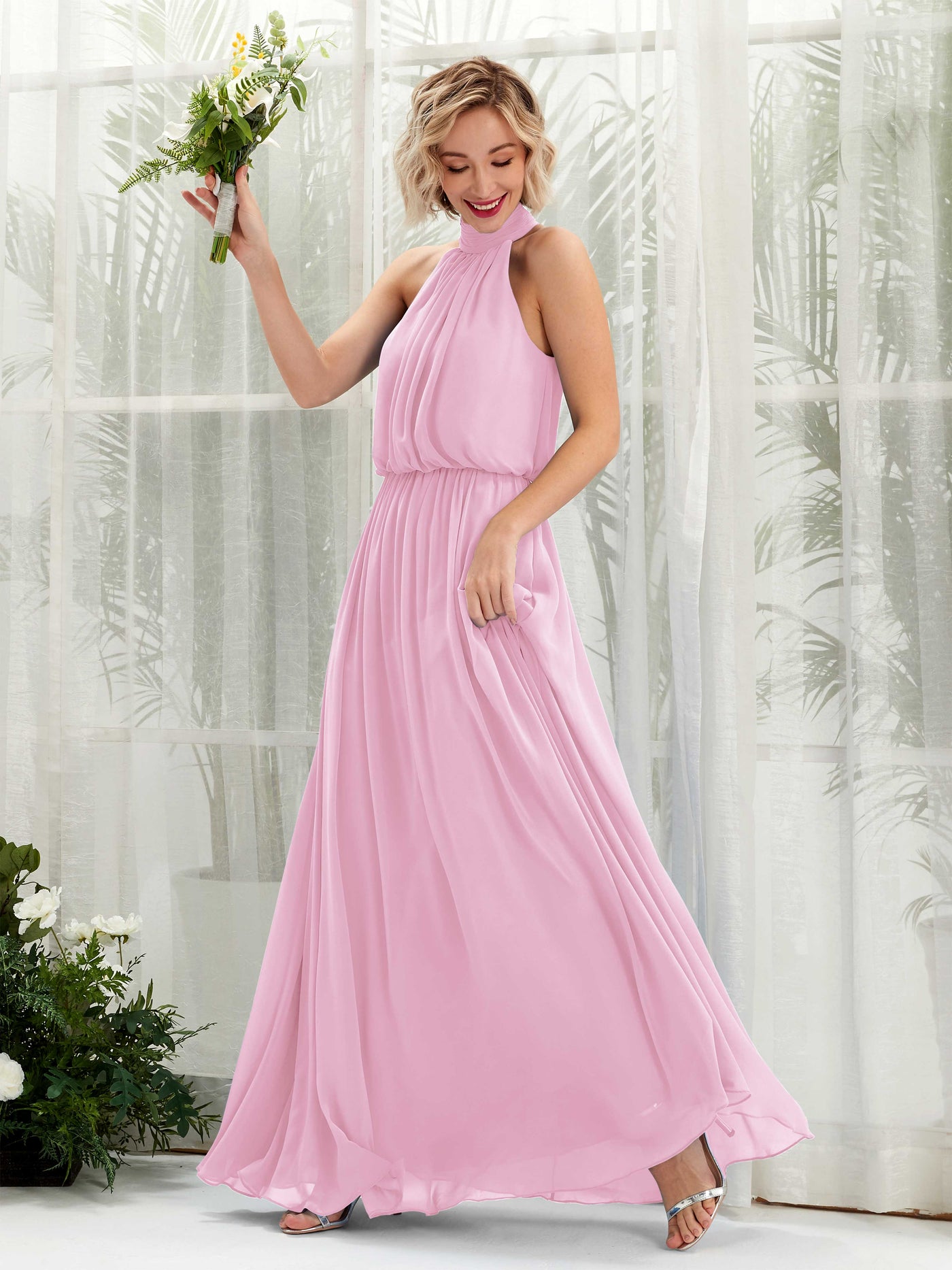 Candy Pink Bridesmaid Dresses Bridesmaid Dress A-line Chiffon Halter Full Length Sleeveless Wedding Party Dress (81222939)#color_candy-pink