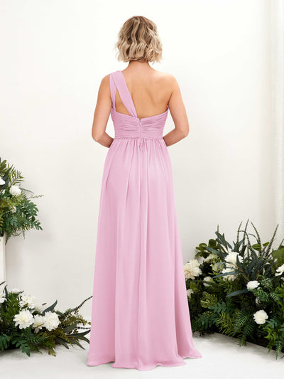 Carlyna Flaze A-Line Candy Pink Bridesmaid Dress Maxi Sleeveless One Shoulder Dress Back View #color_candy-pink