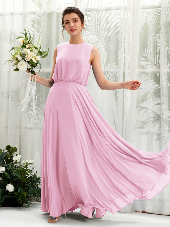 Candy Pink Bridesmaid Dresses Bridesmaid Dress A-line Chiffon Round Full Length Sleeveless Wedding Party Dress (81222839)