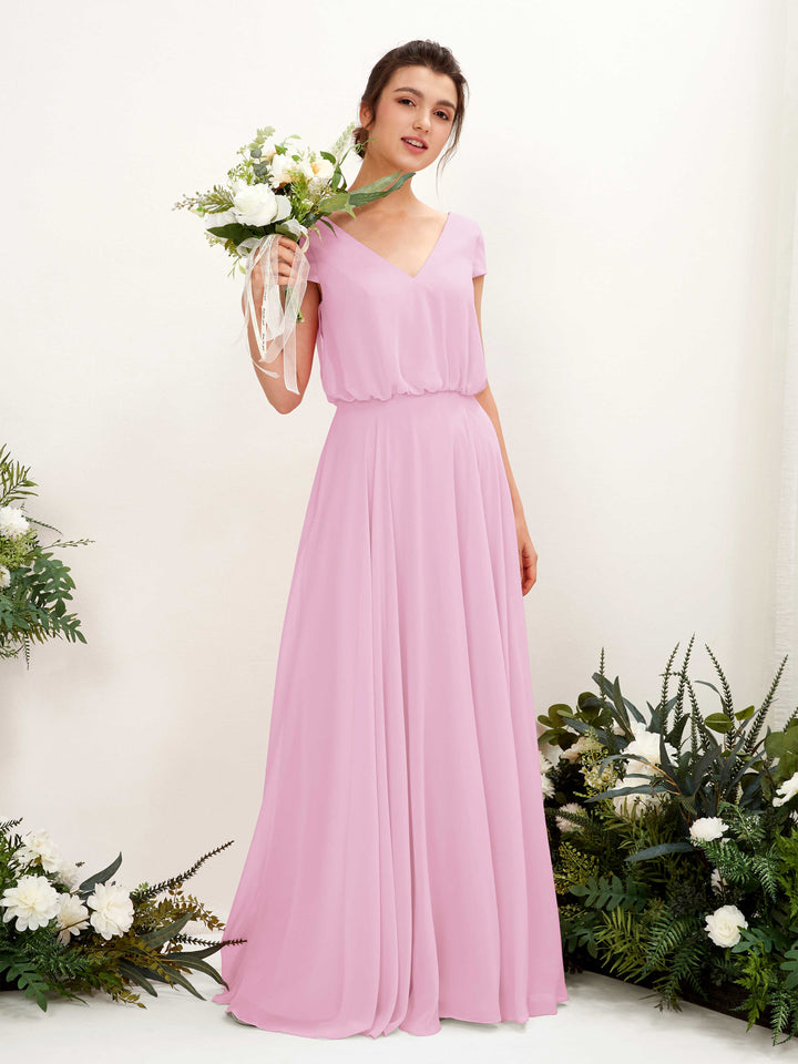 Candy Pink Bridesmaid Dresses Bridesmaid Dress A-line Chiffon V-neck Full Length Short Sleeves Wedding Party Dress (81221839)