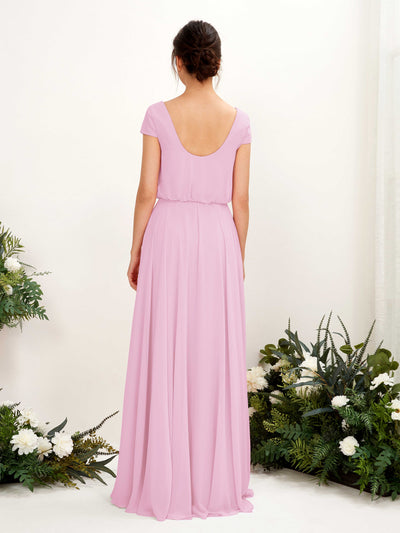 Carlyna Pauline A-Line Candy Pink Bridesmaid Dress Maxi Cap Sleeve V-Neck Dress Back View #color_candy-pink