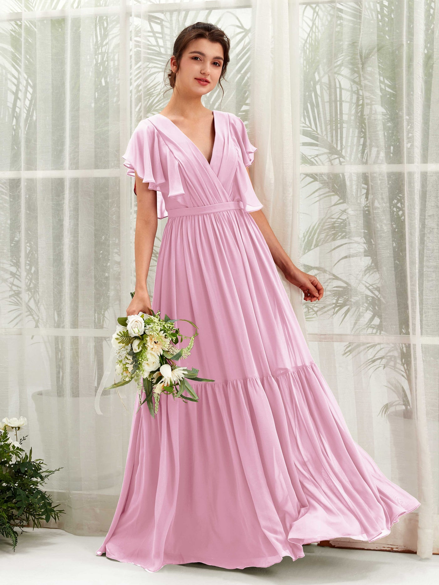 Candy Pink Bridesmaid Dresses Bridesmaid Dress A-line Chiffon V-neck Full Length Short Sleeves Wedding Party Dress (81225939)#color_candy-pink