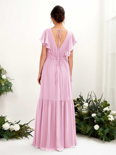 Carlyna Chaya A-Line Candy Pink Bridesmaid Dress Maxi Cap Sleeve V-Neck Dress Back View #color_candy-pink