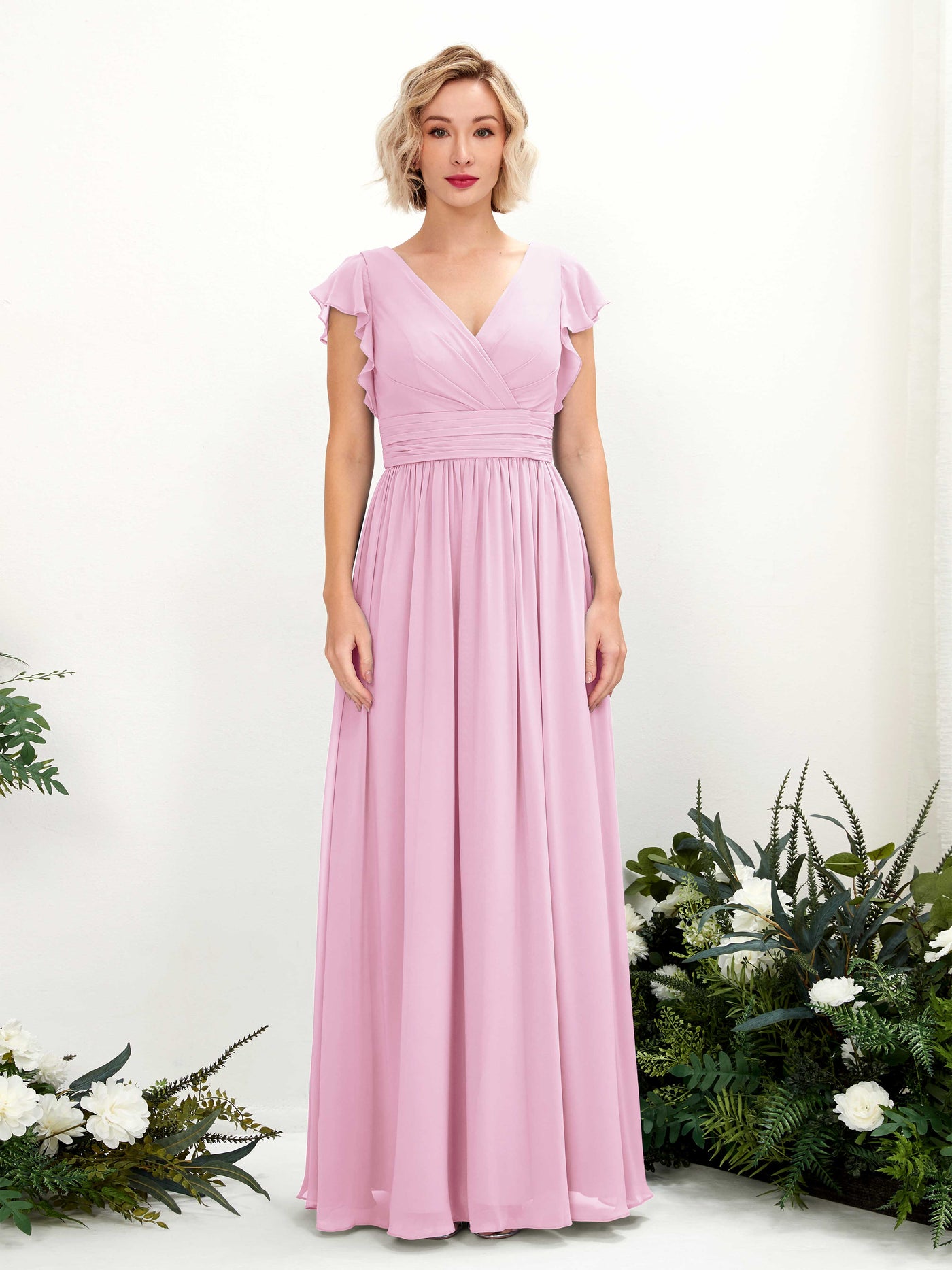 Candy Pink Bridesmaid Dresses Bridesmaid Dress A-line Chiffon V-neck Full Length Short Sleeves Wedding Party Dress (81222739)#color_candy-pink
