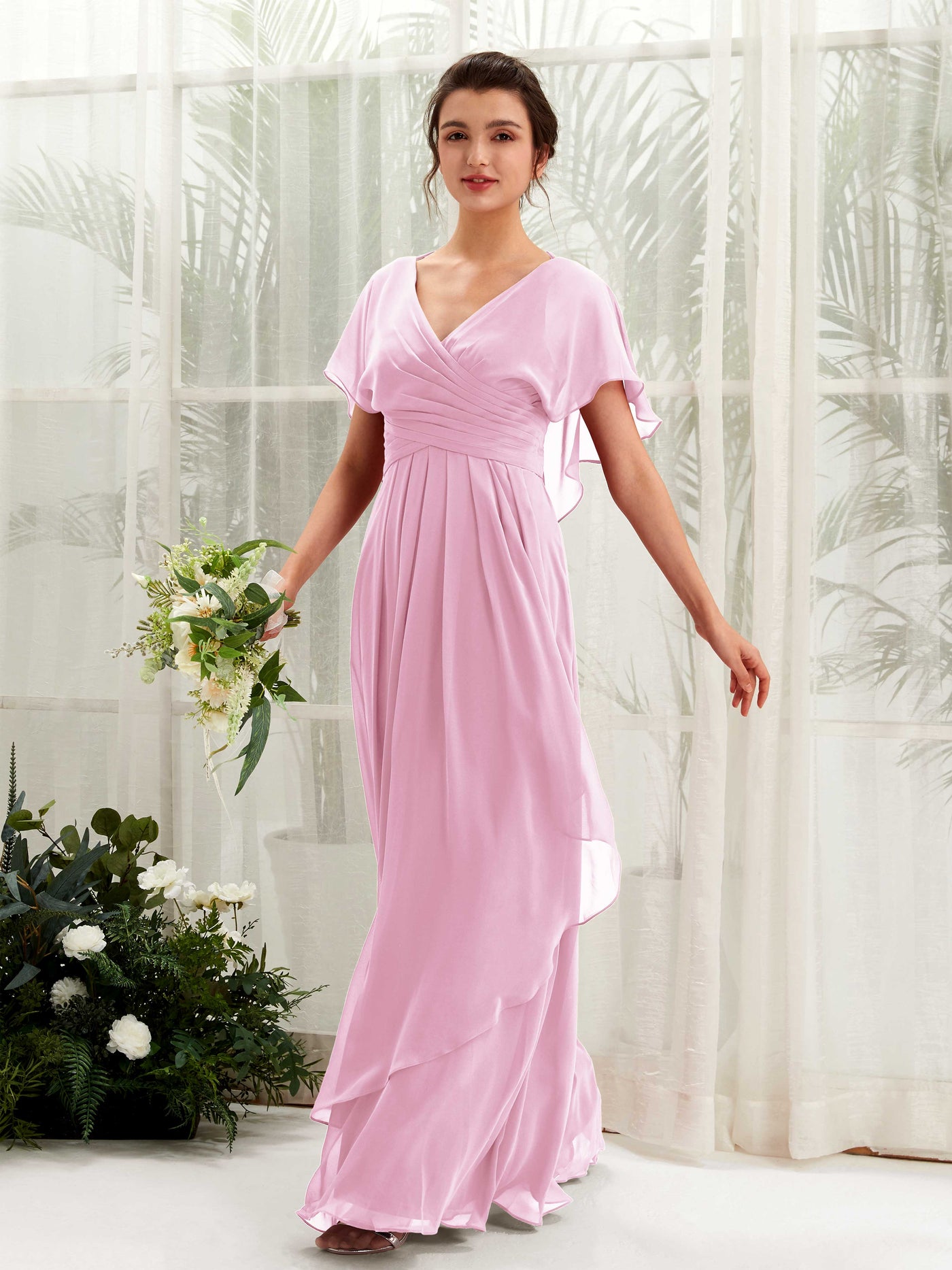 Peach Pink Chiffon Bridesmaid Dress A-Line Maxi Flutter Sleeve V-Neck | Carlyna Peach Pink Chiffon Bridesmaid Dress A-Line Maxi Flutter Sleeve V-Neck | Carlyna