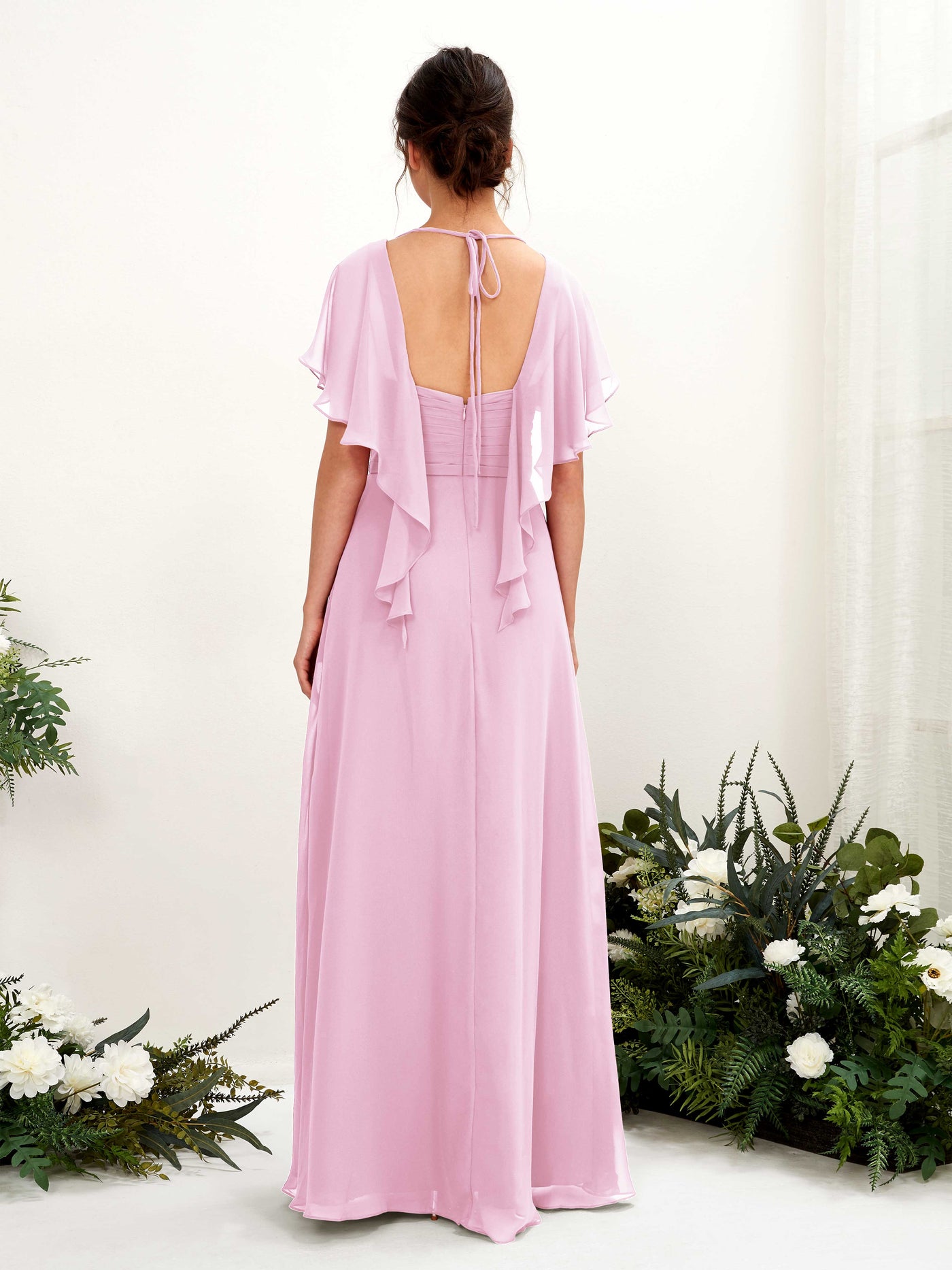Open back V-neck Short Sleeves Chiffon Bridesmaid Dress - Candy Pink (81226139)#color_candy-pink