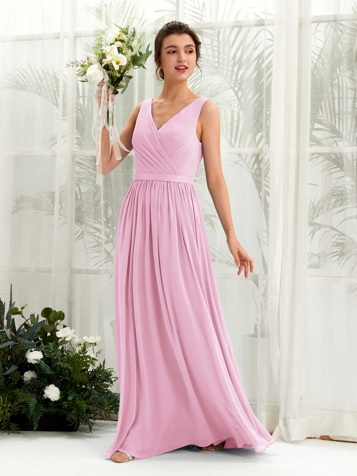 Candy Pink Bridesmaid Dresses Bridesmaid Dress A-line Chiffon V-neck Full Length Sleeveless Wedding Party Dress (81223639)
