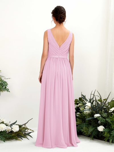 Carlyna Barbara A-Line Candy Pink Bridesmaid Dress Maxi Sleeveless V-Neck Dress Back View #color_candy-pink