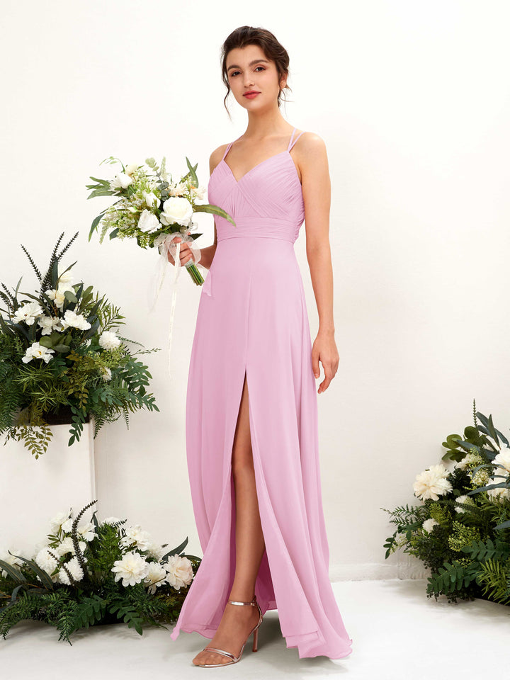 Candy Pink Bridesmaid Dresses Bridesmaid Dress A-line Chiffon Spaghetti-straps Full Length Sleeveless Wedding Party Dress (81225439)