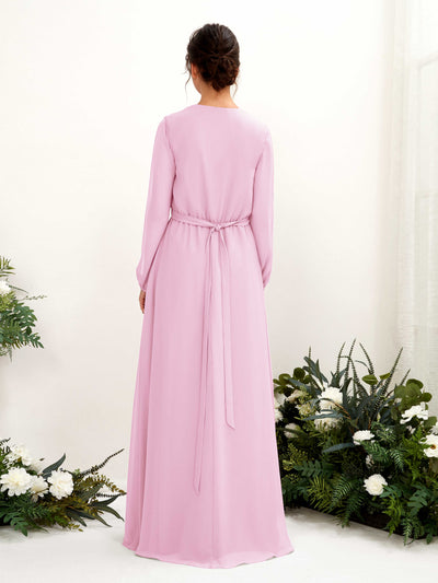 Carlyna Elsie A-Line Candy Pink Bridesmaid Dress Maxi Long Sleeve V-Neck Back View #color_candy-pink