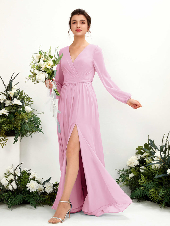 Candy Pink Bridesmaid Dresses Bridesmaid Dress A-line Chiffon V-neck Full Length Long Sleeves Wedding Party Dress (81223839)