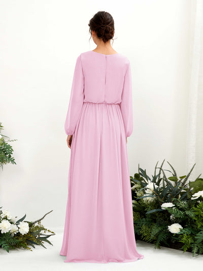Carlyna Ginny A-Line Candy Pink Bridesmaid Dress Maxi Long Sleeve V-Neck Back View #color_candy-pink