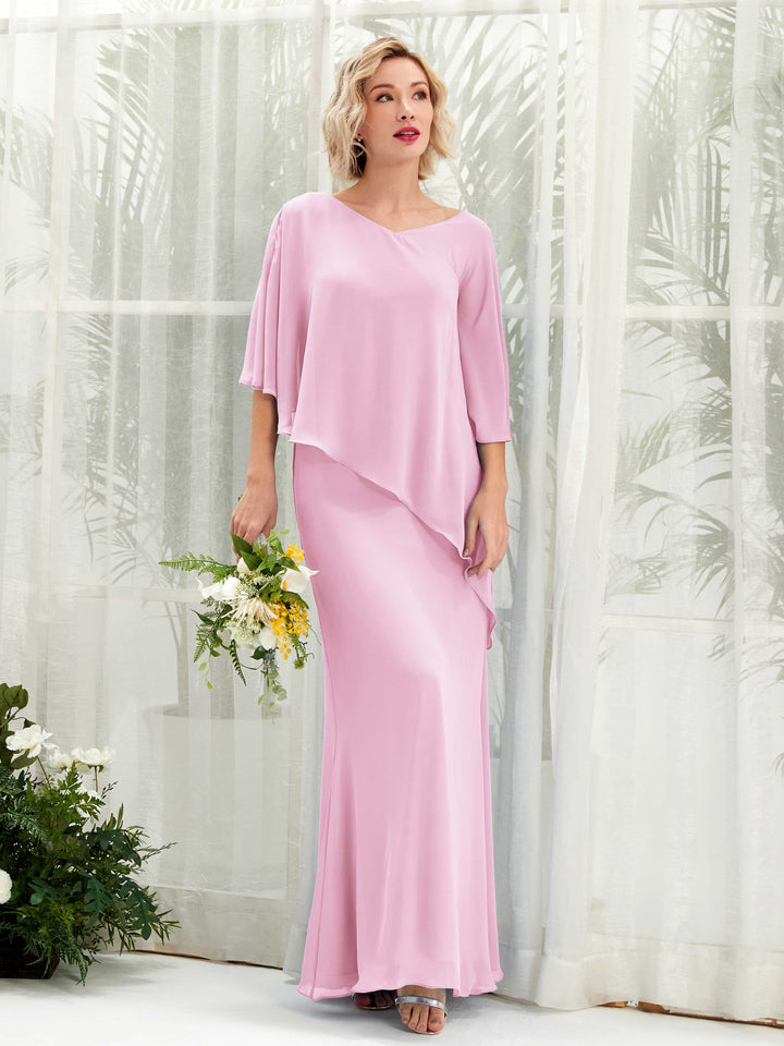 Carlyna Violaine A-Line Candy Pink Bridesmaid Dress Maxi Three Quarter Sleeve V-Neck Dress 