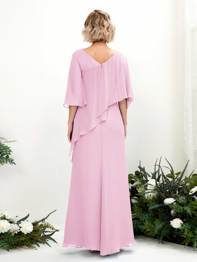 Carlyna Violaine A-Line Candy Pink Bridesmaid Dress Maxi Three Quarter Sleeve V-Neck Dress Back View #color_candy-pink