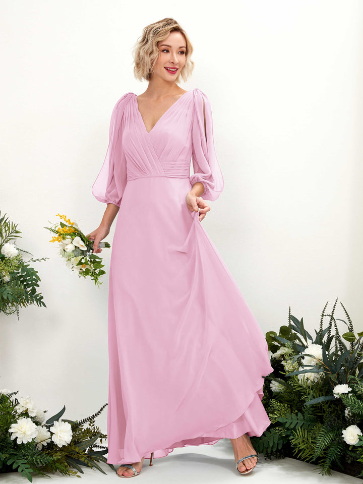 Candy Pink Bridesmaid Dresses Bridesmaid Dress Chiffon V-neck Full Length Long Sleeves Wedding Party Dress (81223539)