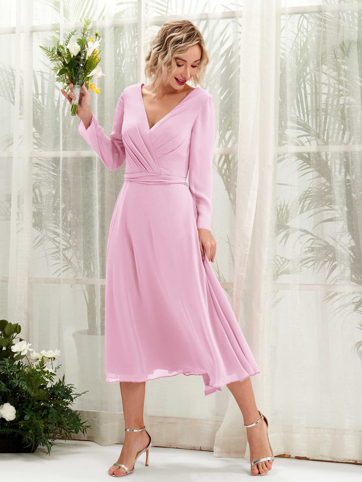 Candy Pink Bridesmaid Dresses Bridesmaid Dress Chiffon V-neck Tea Length Long Sleeves Wedding Party Dress (81223339)