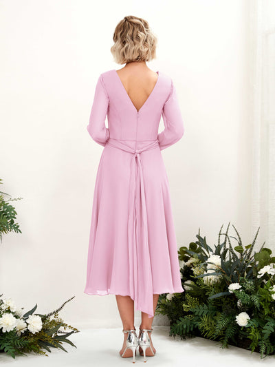 Carlyna Joanna A-Line Candy Pink Bridesmaid Dress Midi Long Sleeve V-Neck Back View #color_candy-pink