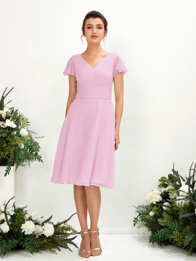 Carlyna Betty A-Line Candy Pink Bridesmaid Dress Knee-Length Short Sleeve V-Neck Dress Front View #color_candy-pink