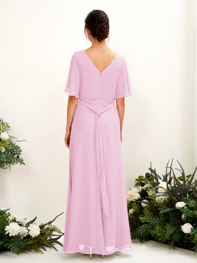 Carlyna Merta A-Line Candy Pink Bridesmaid Dress Maxi Short Sleeve V-Neck Dress Back View #color_candy-pink