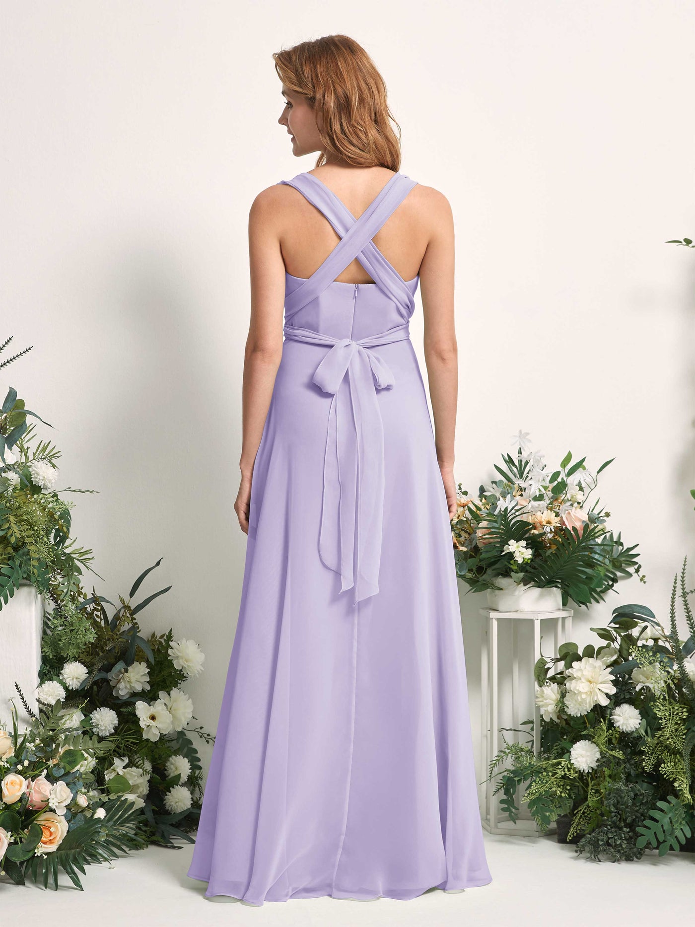 Lilac Bridesmaid Dresses Bridesmaid Dress A-line Chiffon Halter Full Length Short Sleeves Wedding Party Dress (81226314)#color_lilac
